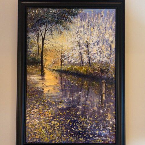 Winter's Kiss to Fall.  Oil and Gold leaf on canvas. 24x36 inches. Original. Nanette Catigbe. 2019