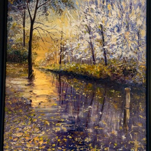 Winter's Kiss to Fall.  Oil and Gold leaf on canvas. 24x36 inches. Original. Nanette Catigbe. 2019