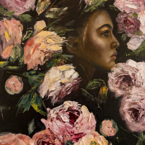Amongst The Peonies. Oil on Gessoed Board. 16 x 20 inches. Original. Nanette Catigbe