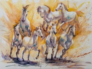 Seven – Watercolor Painting of Seven Horses, 18x24 Original by Nanette Catigbe