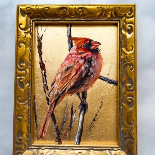 The Male Cardinal. Oil with Gold Leaf on Panel. 5x7 inches. Original. Nanette Catigbe. 2022