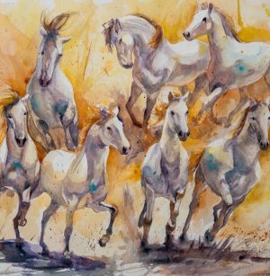 Seven – Watercolor Painting of Seven Horses, 18x24 Original by Nanette Catigbe