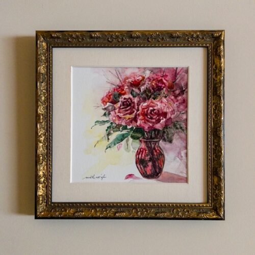 Roses. Watercolor on Masonite Panel. 8 x 8 inches. Framed. Original. Nanette Catigbe. 2020