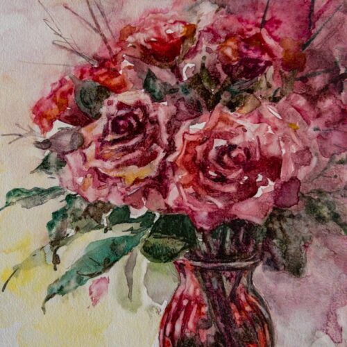 Roses. Watercolor on Masonite Panel. 8 x 8 inches. Framed. Original. Nanette Catigbe. 2020