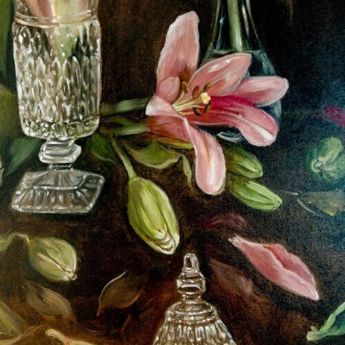 Pink Lilies. Oil. 24 x 36 inches. Original. Nanette Catigbe. 2021