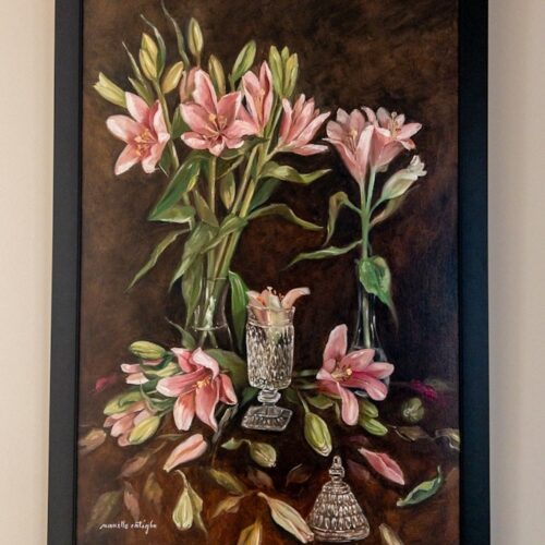Pink Lilies. Oil. 24 x 36 inches. Original. Nanette Catigbe. 2021
