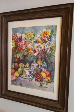 Tea Time – 15x19 Framed Original Watercolor by Nanette Catigbe (2023)