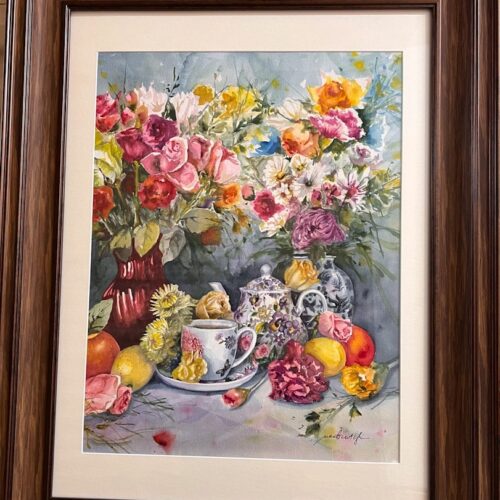 Tea Time. Watercolor. 15 x 19. Framed. Original. Nanette Catigbe. 2023