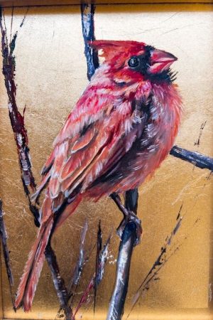 The Male Cardinal – 5x7 Original Oil with Gold Leaf on Panel by Nanette Catigbe (2022)